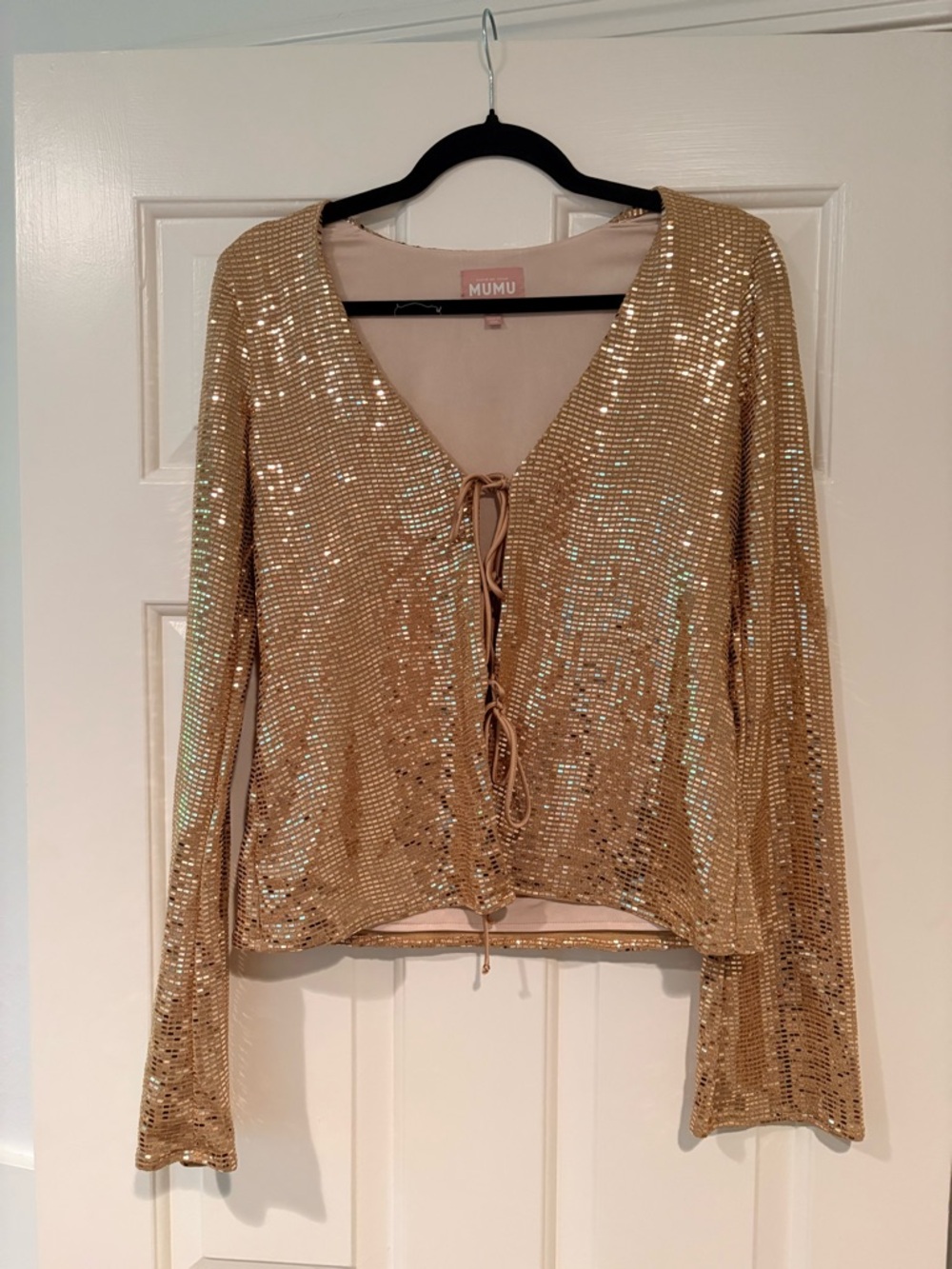 Show Me Your MuMu Gold Sequin Lace-Up V-Neck Top